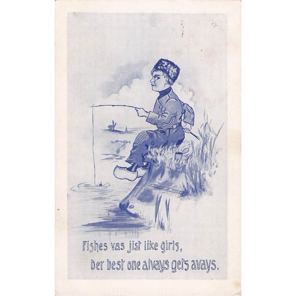 Vintage Dutch Dialect Humor Fishing Boy Postcard “Fishes Vas Jist Like Girls”